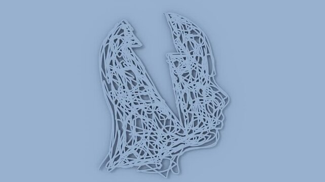 A head profile made of tangled lines is broken into two parts. A metaphor of split personality, dissociation, mental disorder, inner conflict, crisis, trauma and the difficult path to recovery.