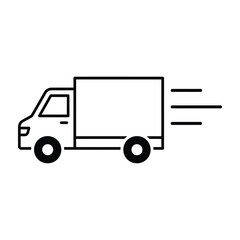Fototapeta premium Minimalist line art icon of a fast delivery truck vehicle transporting goods and packages with speed lines indicating motion on white background