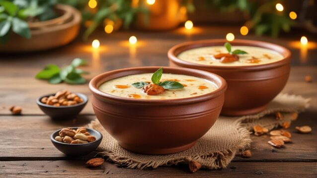 Traditional saffron kheer with nuts in ornate pottery bowls on a rustic wooden table