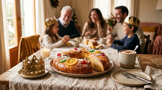 Family celebrating Epiphany with Rosca de Reyes cake and crowns