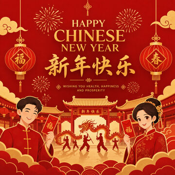 Festive Chinese New Year illustration featuring traditional Chinese clothing, red lanterns, fireworks, dancing performers, temple architecture, and auspicious golden decorations.