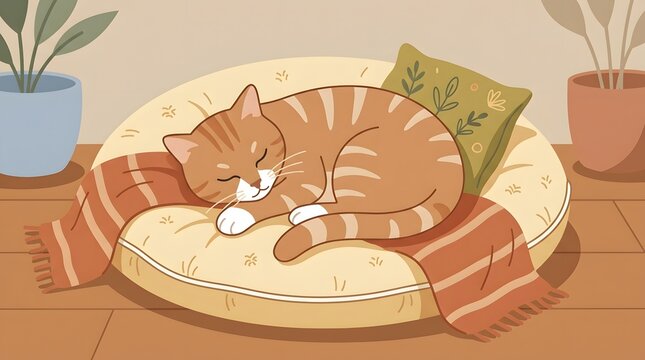 Ginger tabby cat sleeping peacefully on a cozy pet bed with a blanket