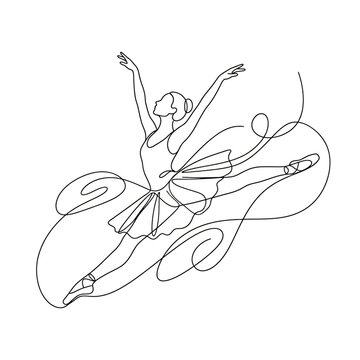 Minimalist line art illustration of a ballerina dancing on transparent background