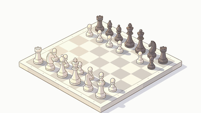 Isometric view of a stylized chessboard mid-game with cream and taupe pieces, soft shadows, clean background