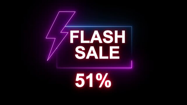 Neon text word letter isolated on black color for promotion sale and for clearance sale and for promote sale season.Glowing neon line of FLASH SALE 51% sign banner for promo video. online marketing.
