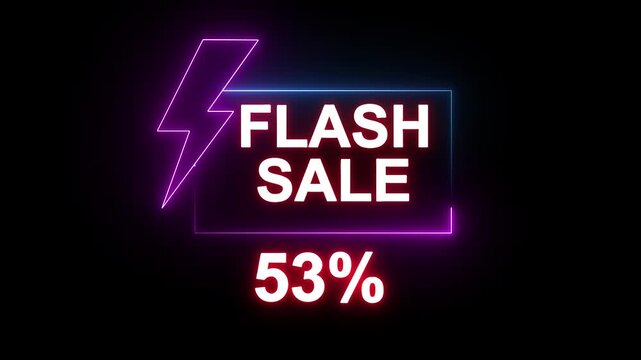 Neon text word letter isolated on black color for promotion sale and for clearance sale and for promote sale season.Glowing neon line of FLASH SALE 53% sign banner for promo video. online marketing.