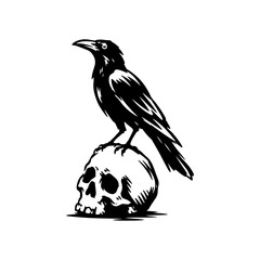 Obraz premium Raven Perched on Human Skull Black and White Vintage Illustration Minimalist Crow and Skull Gothic Tattoo Style Artwork