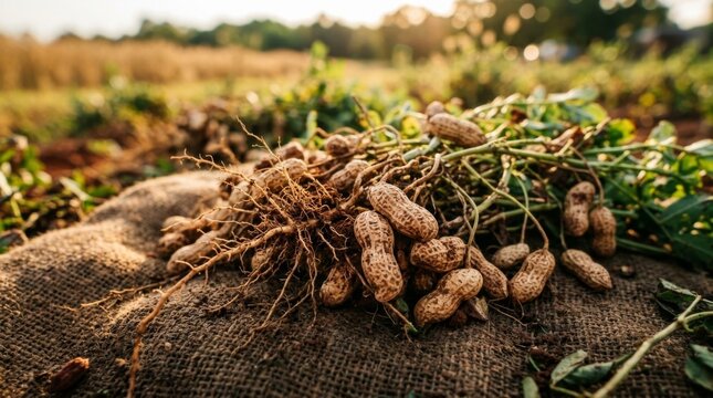 Freshly harvested peanuts with roots lying on a burlap sack in a field at sunset