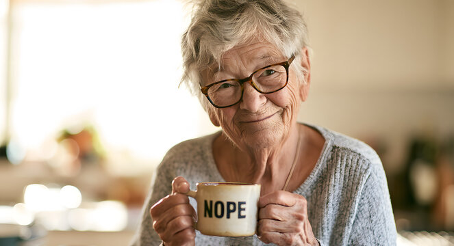 A smiling elderly woman, dressed in white, holds a humorous mug with the word "nope." She wears a sassy expression as she stands in her kitchen. This captures a humorous and lighthearted retirement li
