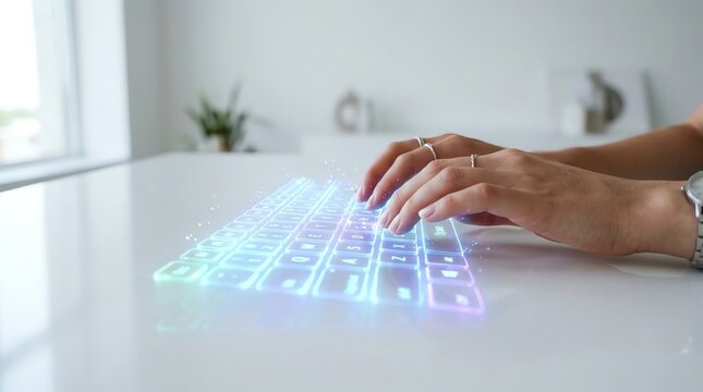 Hands typing on a glowing futuristic holographic virtual keyboard on a white surface in a modern office