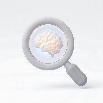 Glowing human brain inside a white magnifying glass representing scientific research and deep intellectual thought processes