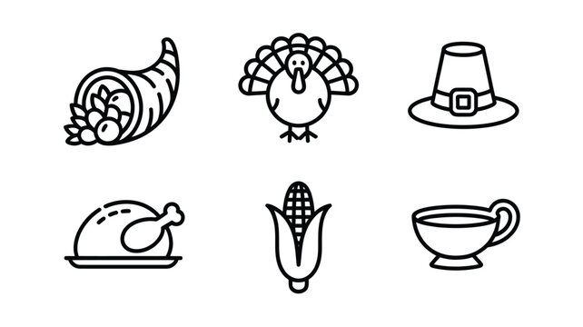Thanksgiving icon set featuring cornucopia turkey pilgrim hat roasted turkey corn cob and gravy boat linear vector isolated on white