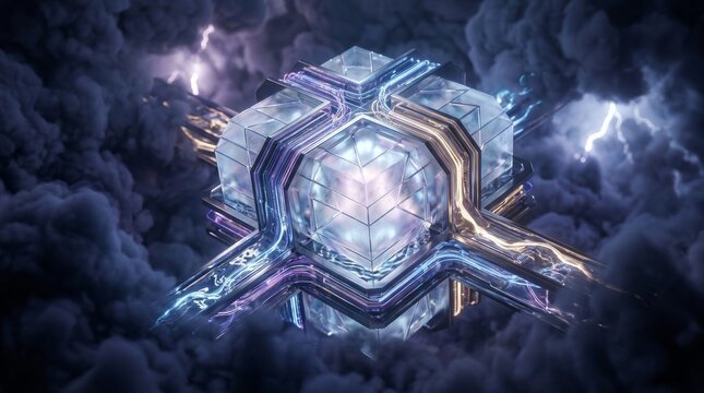 Glowing geometric crystal cube floating amidst dark storm clouds with electric lightning strikes