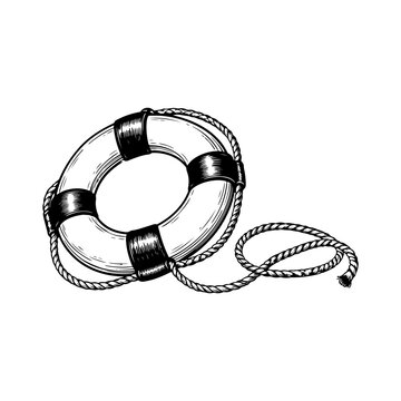 Vintage Life Buoy with Rope Black and White Nautical Engraving Illustration Classic Lifebuoy and Coiled Rope Maritime Safety Line Art