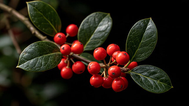 Clusters of bright red holly berries on a green leaf branch against a dark background with botanical