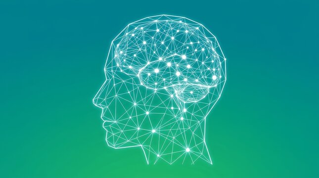 Human head profile silhouette with glowing digital brain network connection points on a dark gradient background