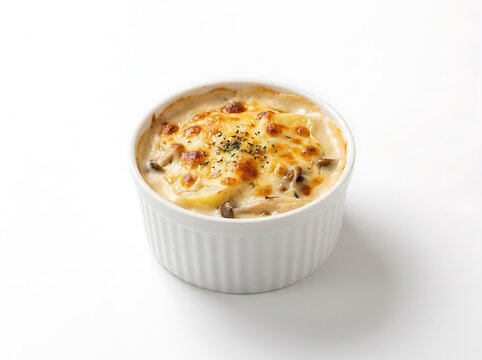 Creamy mushroom potato gratin baked with melted cheese in a white ceramic ramekin dish for a delicious meal. japanese gratin dish