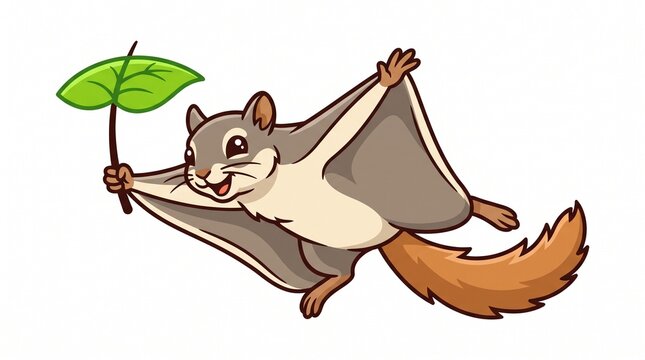 Cute flying squirrel gliding in the air holding a green leaf vector cartoon illustration isolated on white background