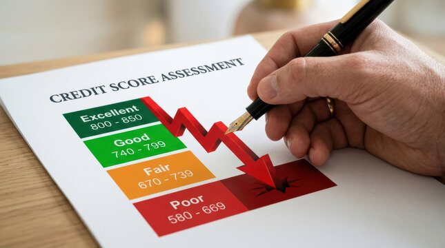 Credit report decline shown through falling score assessment with pen and hand