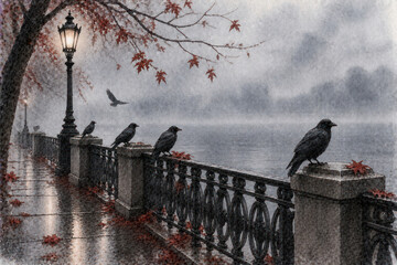 Obraz premium Black Ravens on Foggy Riverside Embankment in Rainy Autumn City