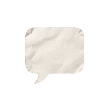 Crumpled paper speech bubble on white background, textured recycled paper chat icon, blank message cloud with creased paper texture