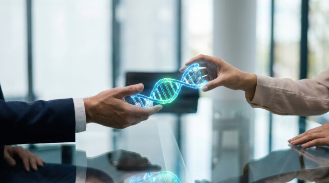 Biotech patent disputes represented by glowing DNA model between business professionals during office discussion and scientific collaboration