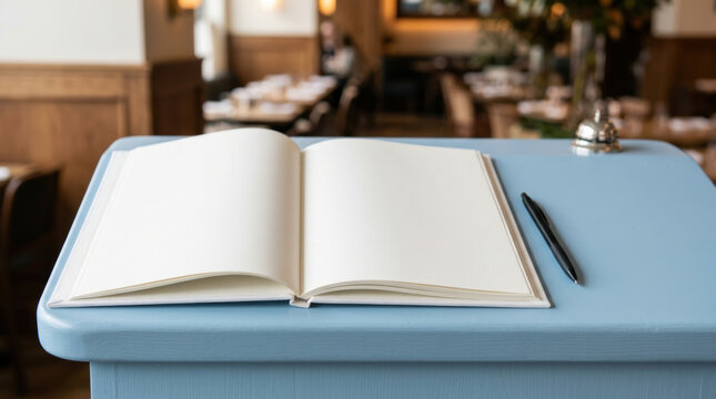Open book blue table restaurant labor shortage impact hospitality service and empty pages highlight workforce pressure with quiet dining room