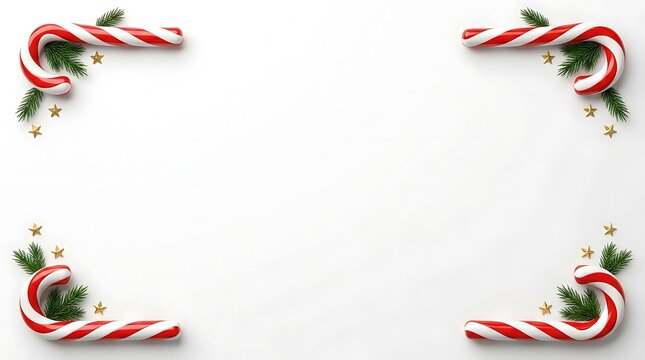 A festive christmas holiday border featuring red and white candy canes with green pine needles on white background