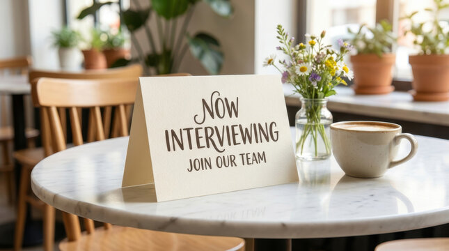 Labor shortage impact on hospitality service drives warm now interviewing join our team message in cafe with hope and urgency