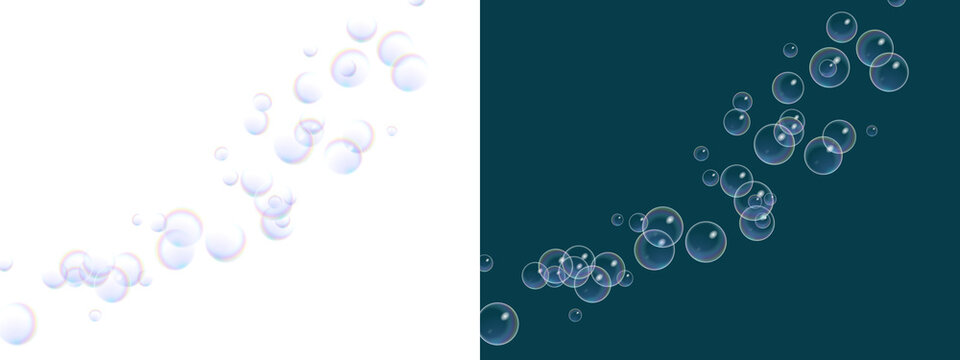 A PNG image of a Floating soap bubbles with iridescent surfaces arranged in a diagonal pattern across split white and dark teal backgrounds creating a minimalist graphical element for modern design pr