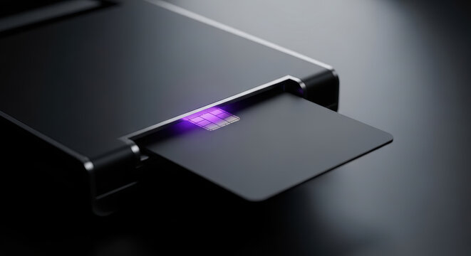 Strategic technology with navigation chip card reader glowing purple light on sleek black surface for secure access