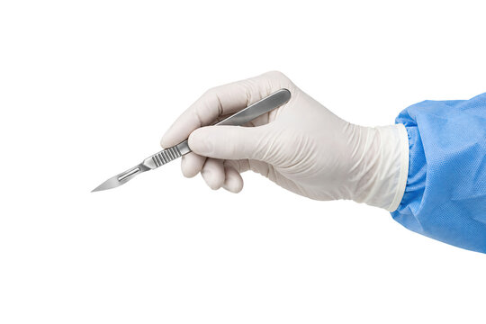 Surgeon&rsquo;s gloved hand holding a stainless steel surgical scalpel, isolated on a white background with blue medical gown sleeve and copy space, representing surgery, healthcare, sterile procedures
