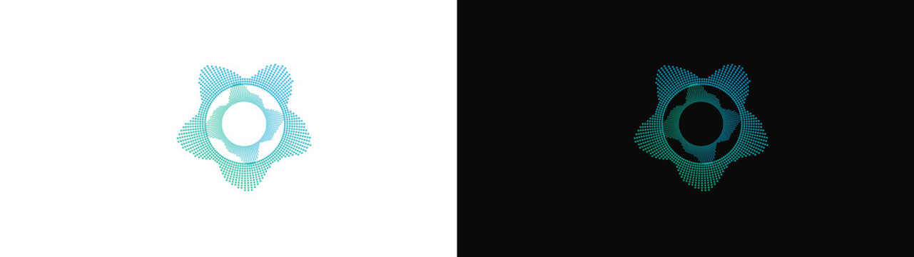 A PNG image of a Abstract digital audio wave visualization circular star shape composed of tiny vibrant turquoise dots on contrasting solid white and black backgrounds for modern technology sound spec