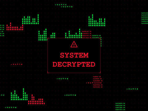 A PNG image of a System decrypted message displayed on digital screen with various green bars and red warning text elements over a dark background creating a sophisticated cyber security alert graphic