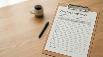 Obraz premium Staffing shortages reflected through employee timesheet paperwork beside pen and coffee cup on wooden office desk
