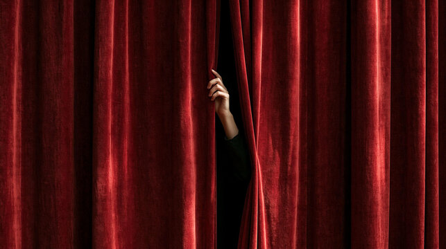 Mystery Unveiled: A hand emerges from behind a dramatic red velvet curtain, hinting at a hidden presence and an unfolding narrative, creating suspense and intrigue