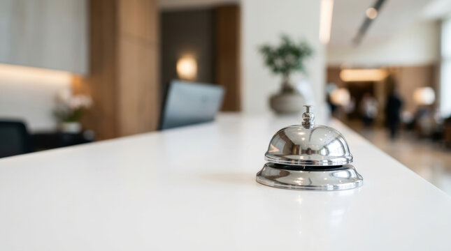 Hotel reception desk with service bell highlighting staffing shortages in modern hospitality setting and quiet customer service