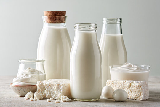 Fresh milk bottles and bowls with cottage cheese on table dairy products glass bottles farm food