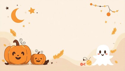 Fototapeta premium Cute cartoon halloween border with pumpkins and ghost on light background