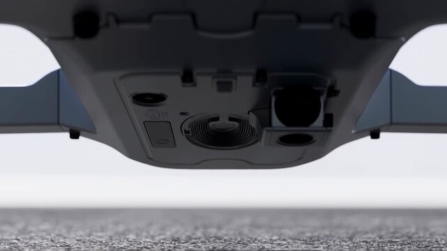 Camera-equipped drone descends toward textured ground in close low-angle view, revealing dark underside panels, circular vent, camera housing, and angular arms against bright background