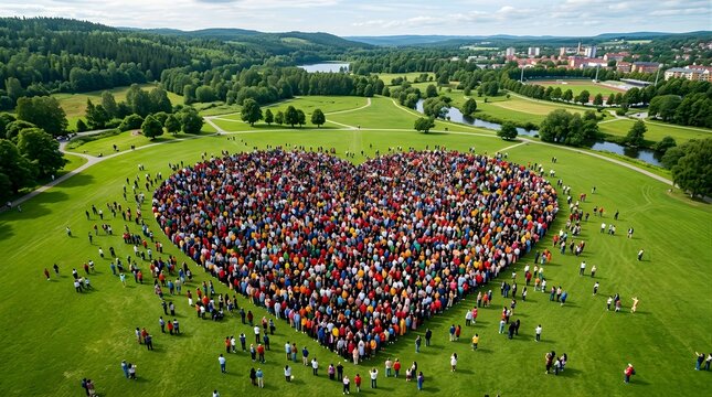 Aerial view of large group of people gathered in a heart shape on green park lawn