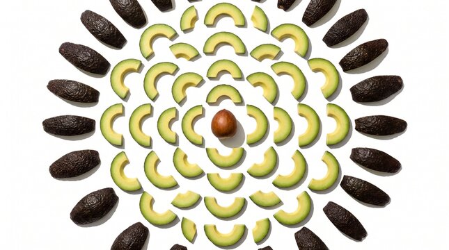 Geometric Avocado Slices - High quality creative geometric mandala pattern made of
fresh avocado slices and seeds