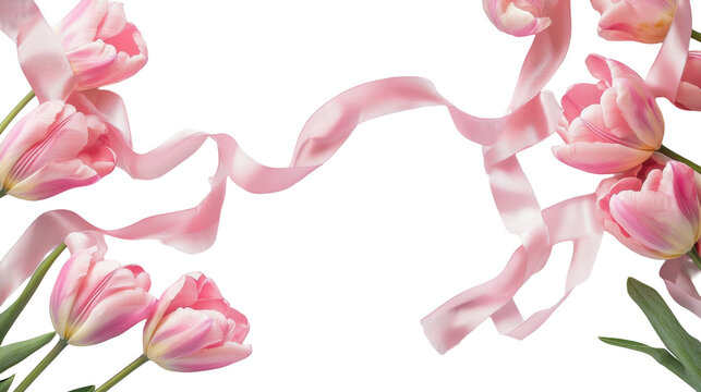 Pink tulip border with flowing ribbon, spring floral frame on white background, copy space