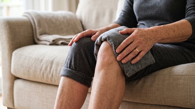 Mature Woman Applying Cold Pack to Painful Knee During Menopause, Chronic Joint Discomfort Self Care