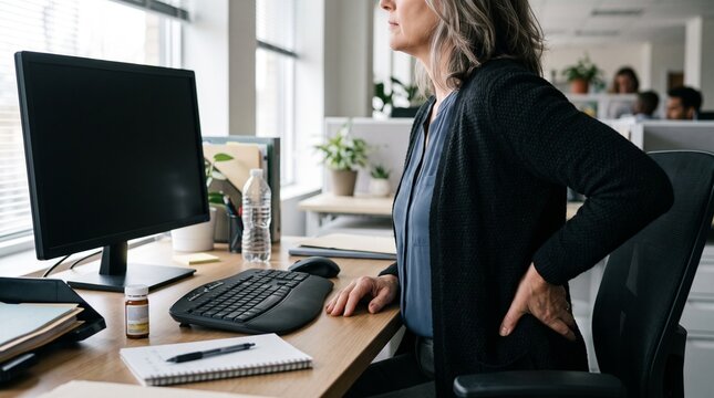 Menopausal Woman Managing Chronic Pain Flare While Working at Office Desk, Midlife Workplace Health