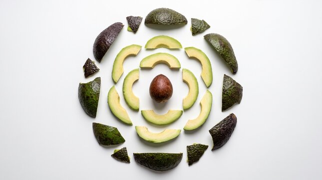 Geometric Avocado Slices - High quality creative geometric mandala pattern made of
fresh avocado slices and seeds