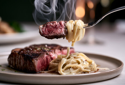 A platter featuring a mouth-watering steak alongside some pasta is being devoured with a fork.