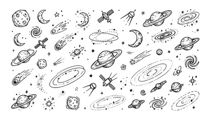Hand Drawn Cosmic Planets Stars Satellites Outline Vector Illustration © Md Monirul