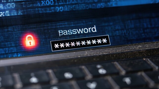 Password entry on a digital laptop screen with a glowing padlock for data access