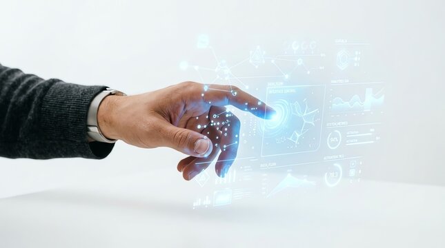 Hand touching a glowing futuristic holographic digital interface with data visualization and artificial intelligence concept on white background